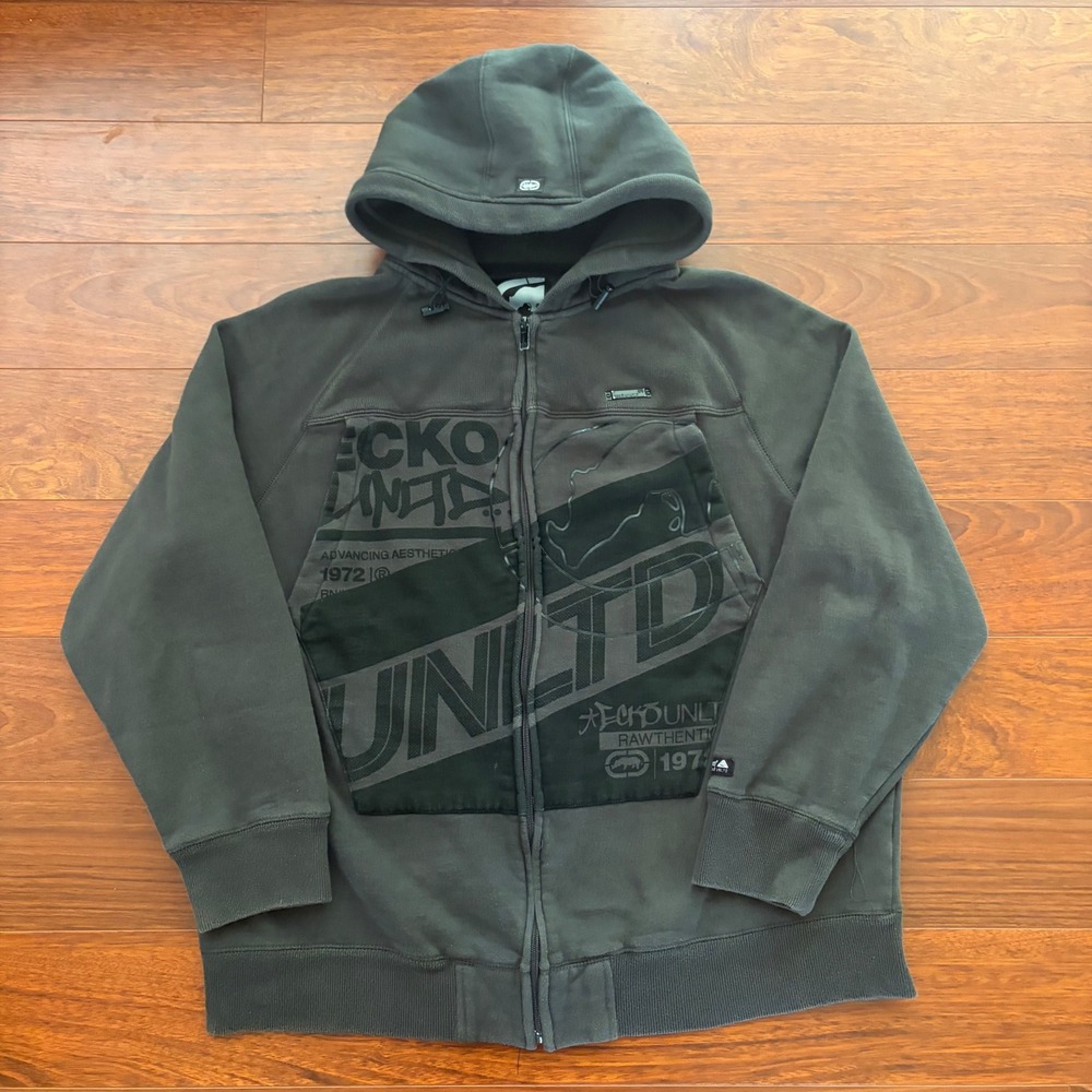 Ecko Unltd Mens XL Zip Up Hoodie Dark Gray Graphic Y2K Streetwear Baggy Skater